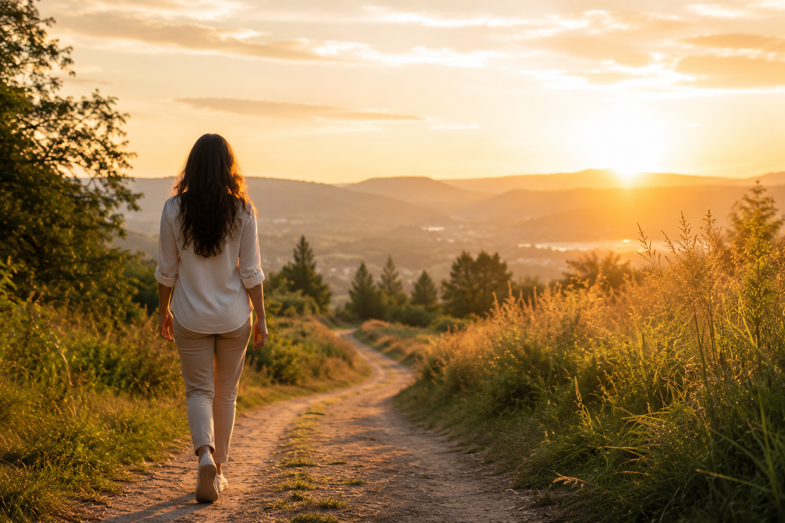 Mulher caminhando por uma estrada em direção ao horizonte iluminado, representando liberdade, fé, recomeço e coragem para seguir um novo caminho.