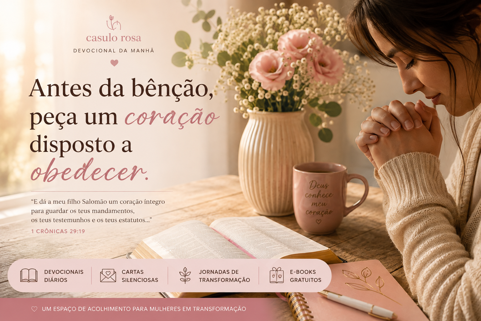 Mulher em um momento tranquilo de oração e reflexão pela manhã, representando entrega, fé e disposição para obedecer à direção de Deus.