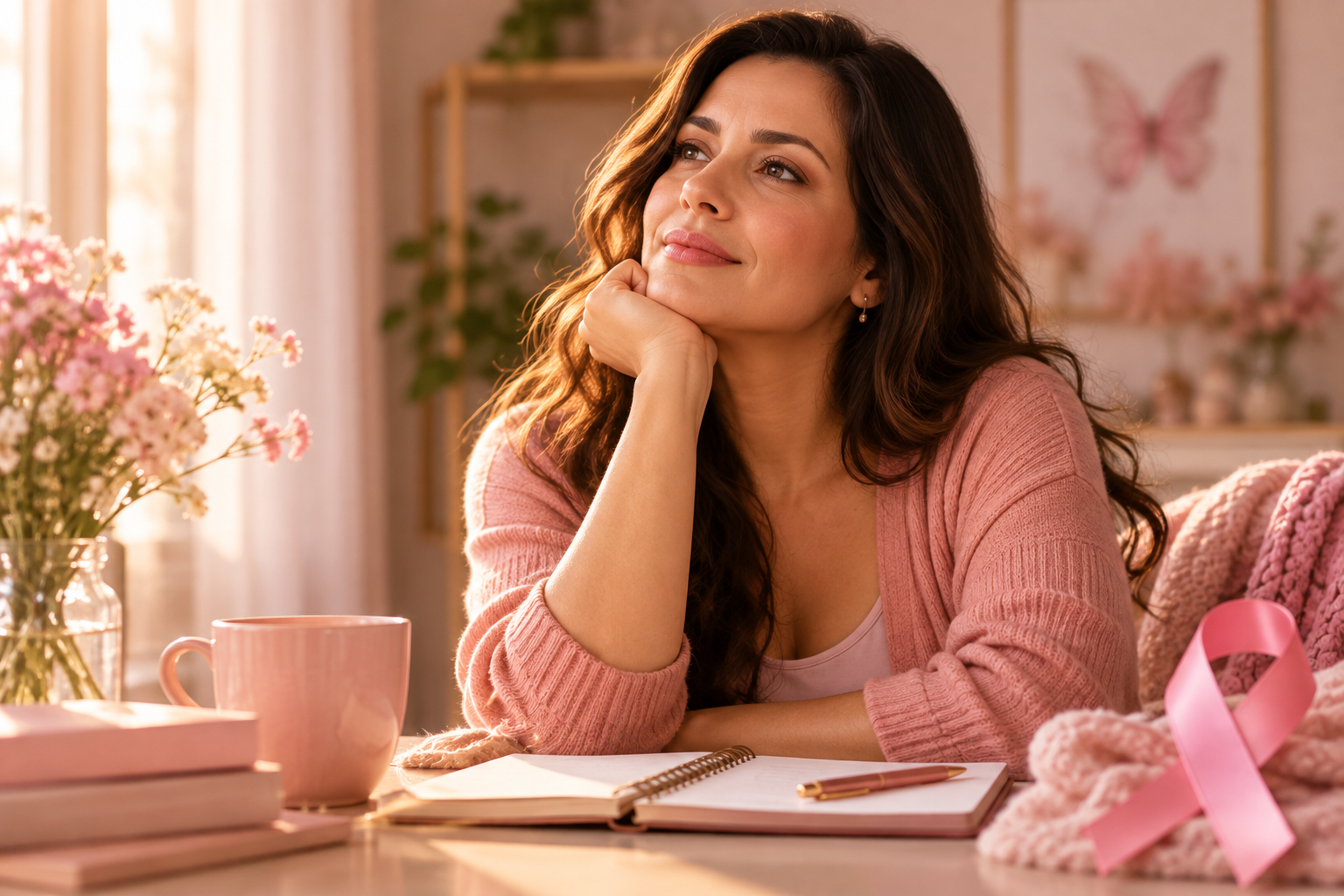 Mulher em momento de autocuidado e reflexão durante o Outubro Rosa, representando a importância de cuidar da saúde física e também de reconhecer as próprias necessidades emocionais.