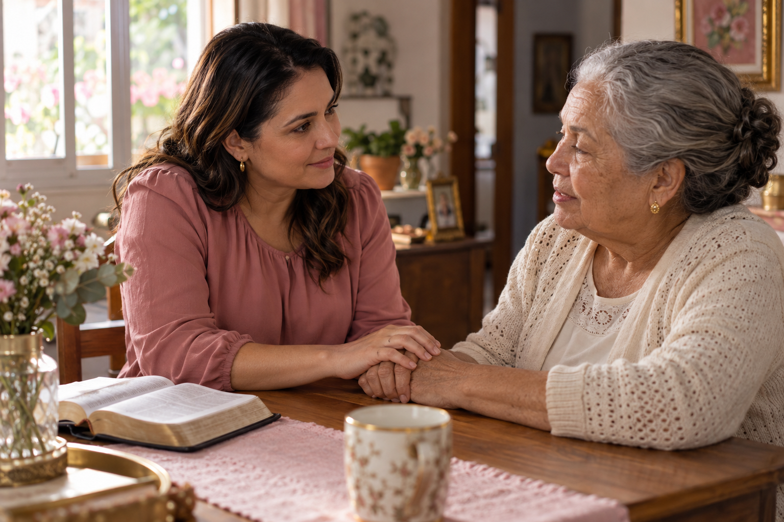Mulher escuta uma mulher mais velha e segura sua mão durante uma conversa à mesa, com uma Bíblia aberta ao lado, representando o cuidado e o amor na vida cotidiana.