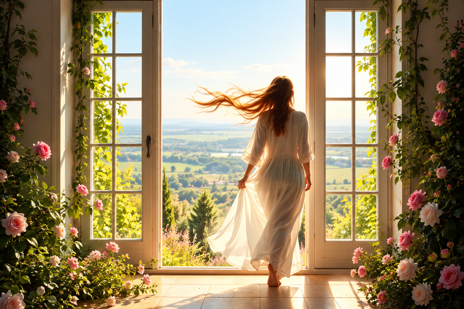 Uma mulher de vestido branco caminha em direção a portas abertas para uma paisagem iluminada, cercada por rosas e folhagens. A cena representa a transformação pessoal, a autonomia e a descoberta de novos caminhos.
