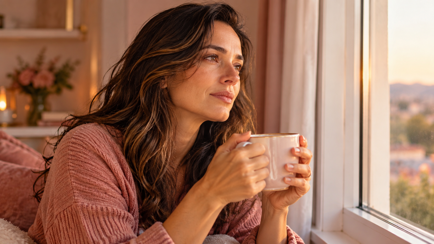 Mulher sentada próxima a uma janela, segurando uma xícara e olhando pensativamente para fora, em um ambiente acolhedor. Sua expressão transmite serenidade e vulnerabilidade, representando a possibilidade de reconhecer a tristeza sem abandonar a fé.