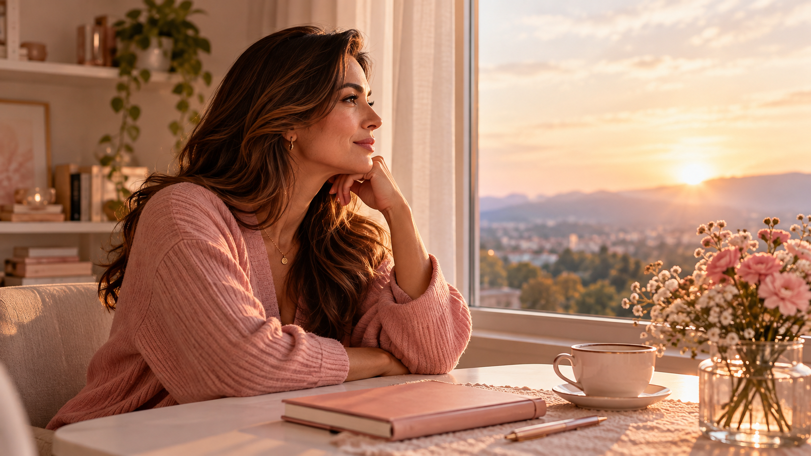 Mulher sentada próxima a uma janela, observando a paisagem com expressão reflexiva. Sobre a mesa estão um caderno, uma xícara e flores delicadas, representando o autoconhecimento e a liberdade de construir a própria história.