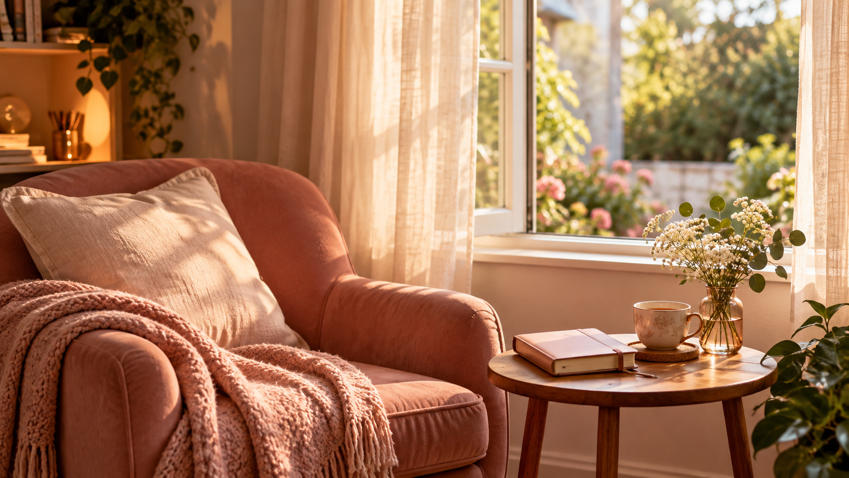 Ambiente tranquilo com poltrona rosa, caderno e xícara de chá próximos a uma janela aberta para um jardim, representando um momento de silêncio e reflexão diante dos próprios pensamentos.