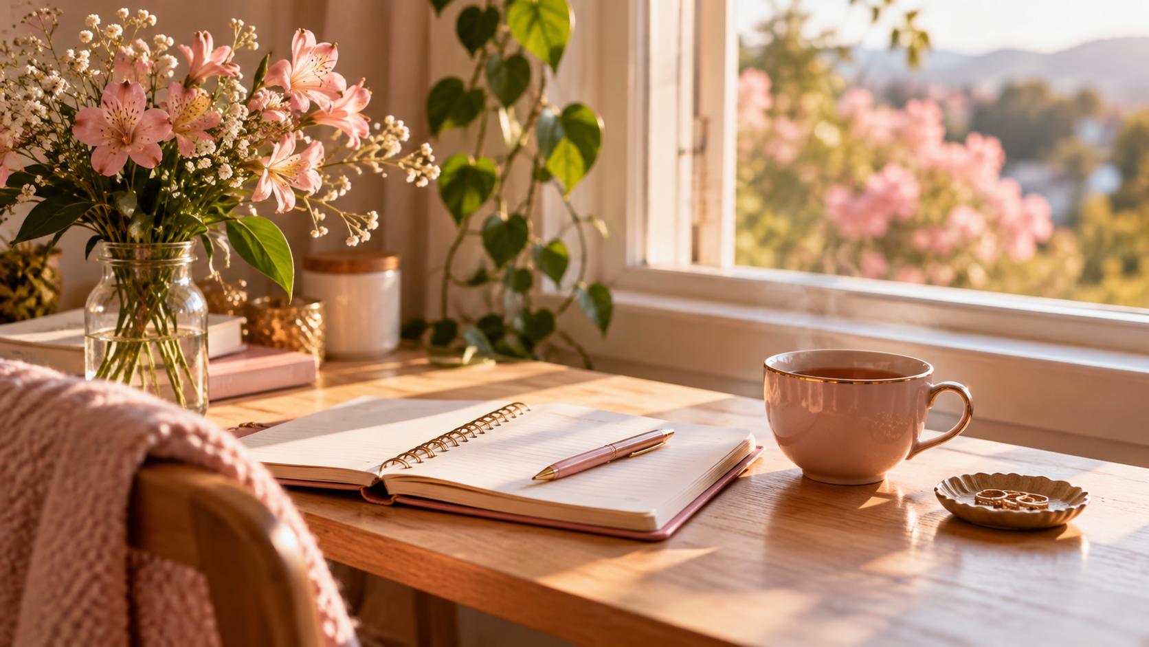 Caderno aberto e xícara sobre uma mesa próxima à janela, com flores rosadas e iluminação natural suave. O ambiente tranquilo representa a reflexão pessoal e a importância de estabelecer limites para cuidar de si.