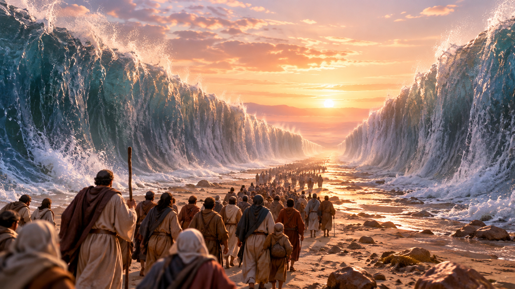 Povo de Israel atravessando uma passagem de terra seca entre as águas divididas do Mar Vermelho, representando a coragem de seguir em frente pela fé, mesmo diante de um caminho aparentemente impossível.
