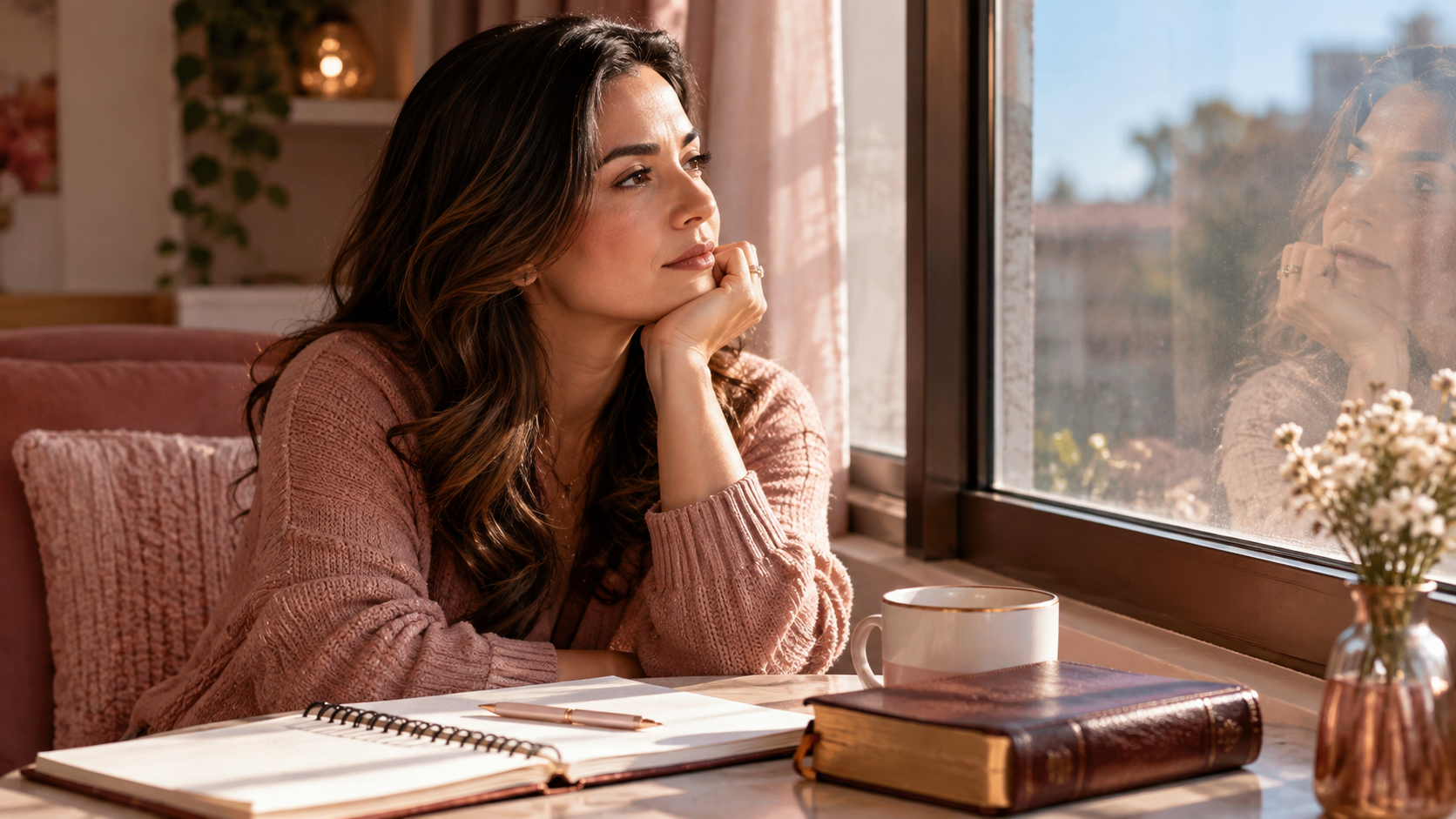 Mulher sentada próxima a uma janela, observando seu reflexo com expressão pensativa. Um caderno e uma Bíblia repousam sobre a mesa, em um ambiente acolhedor que representa a reflexão sobre orgulho, insegurança e autoconhecimento.