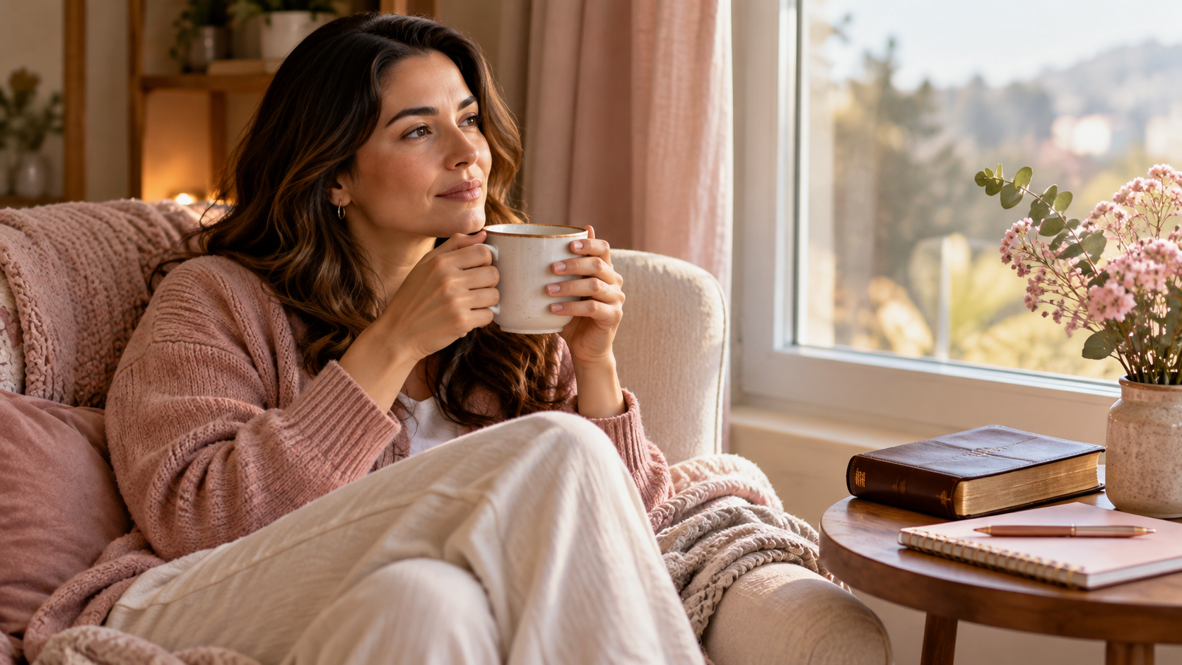 Mulher descansando em uma poltrona próxima à janela, segurando uma xícara, com uma Bíblia e um caderno sobre a mesa ao lado. O ambiente acolhedor representa a importância de conciliar fé, descanso e cuidado com a saúde emocional.